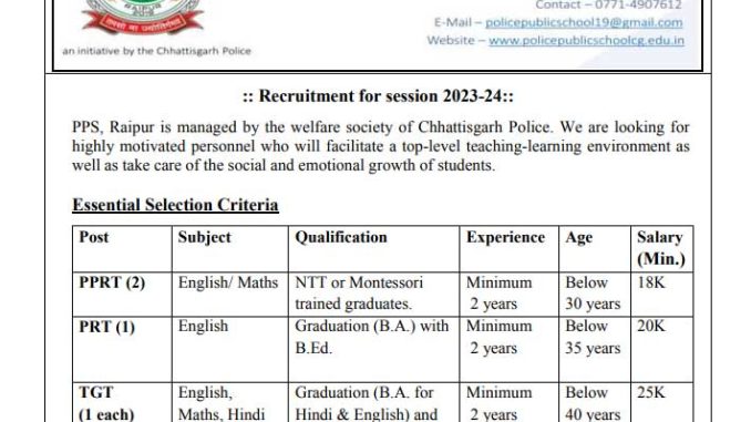 Chhattisgarh Police Public School Raipur Ask to Apply Cg Police Public School Recruitment 2022 Apply form 06 Teaching Vacancy through asktoapply.com
