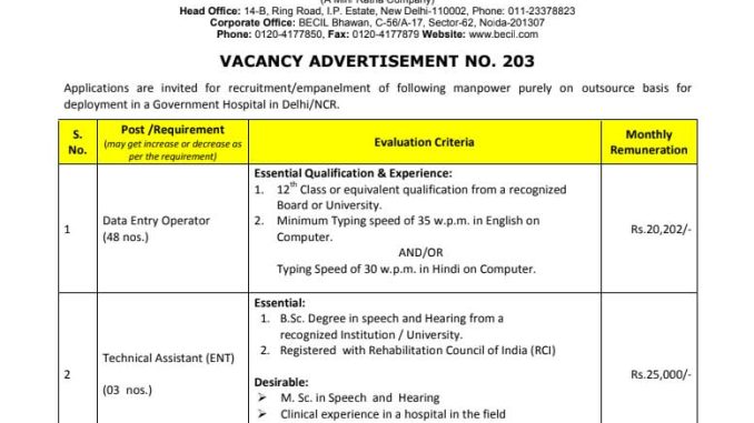 BECIL Vacancy 2022 Ask to Apply Broadcast Engineering Consultants India Limited Recruitment for Data Entry Operato Bharti Form through asktoapply.in