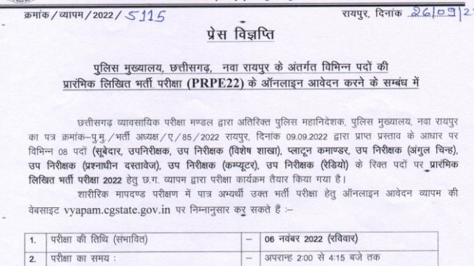 Chhattisgarh Vyapam Ask to Apply Cg Vyapam PRPE Recruitment 2022 Apply form 08 Sub Inspector Vacancy through asktoapply.com