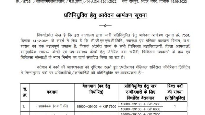 Chhattisgarh Medical Services Corporation Limited Ask to Apply CGMSCL Recruitment 2022 Apply form 15 Staff Vacancy through asktoapply.com