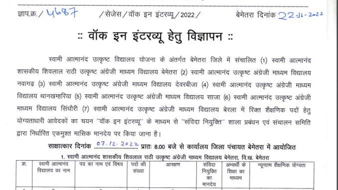 Swami Atmanand School Bemetara Ask to Apply Collector Office Bemetara Sages Recruitment 2022 Apply form 19 Teaching Vacancy through asktoapply.com