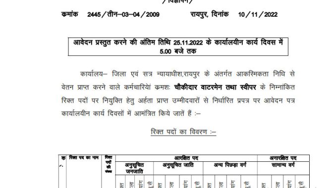 Jila Evam Satra Nayayalaya Raipur Ask to Apply District Session Court Raipur Recruitment 2022 Apply form 24 Choukidar Vacancy through asktoapply.com