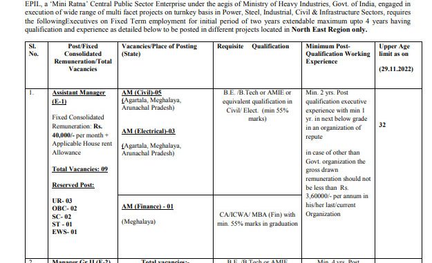 EPIL Vacancy 2022 Ask to Apply Engineering Projects (India) Limited Recruitment for Assistant Manager Bharti Form through asktoapply.in