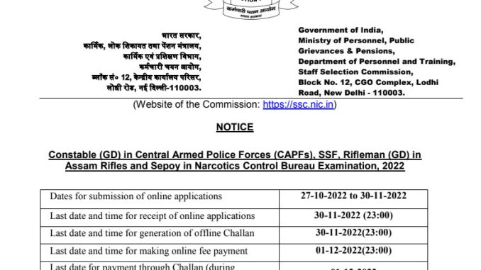 Staff Selection Commission Recruitment Ask to Apply SSC Bharti 2022 for Constable GD Vacancy Form through asktoapply.net govt best job news