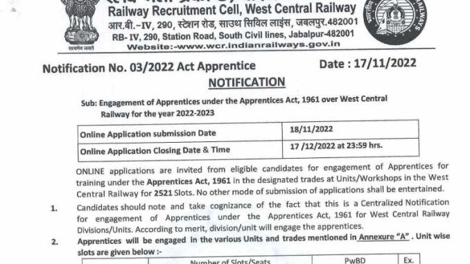 WCR Vacancy 2022 Ask to Apply West Central Railway Recruitment for Trade Apprentice Bharti Form through asktoapply.in latest govt job in india