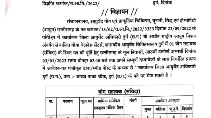 District Ayurved Department Durg Ask to Apply Ayurved Vibhag Durg Recruitment 2022 Apply form 01 Yoga Assistant Vacancy through asktoapply.com