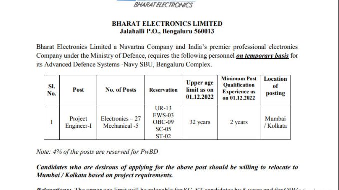 BEL Vacancy 2022 Ask to Apply Bharat Electronics Limited Recruitment for Project Engineer Bharti Form through asktoapply.in