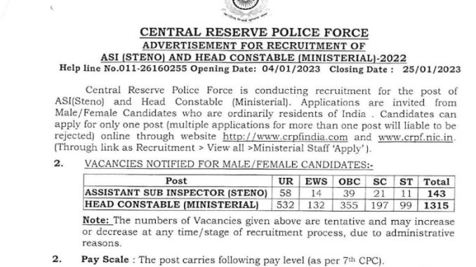 CRPF Vacancy 2022 Ask to Apply Central Reserve Police Force Recruitment for Head Constable Bharti Form through asktoapply.in