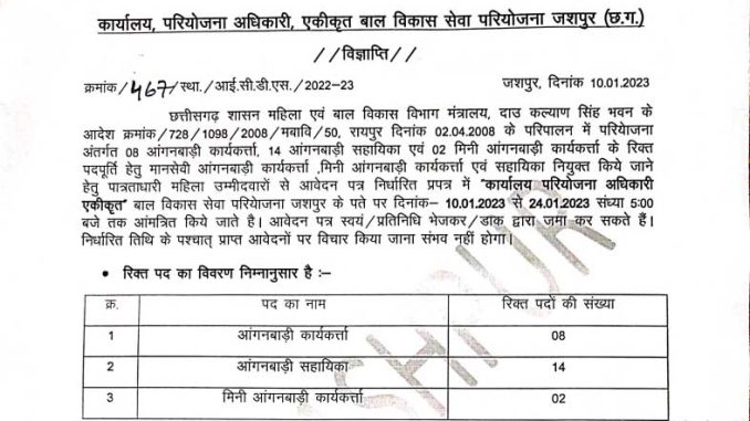 CG WCD ICDS Jashpur Vacancy 2023 Ask to Apply Chhattisgarh WCD ICDS Jashpur Recruitment for Anganbadi Karyakarta Bharti Form through asktoapply.in