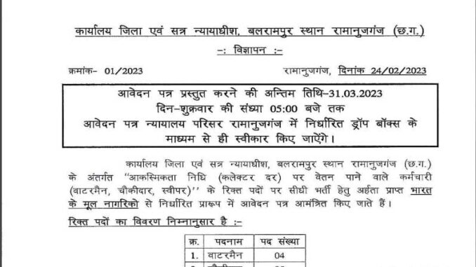 Cg Balrampur District Court Vacancy 2023 Ask to Apply District and Session Court Balrampur Ramanujganj Recruitment for Choukidar Bharti Form through
