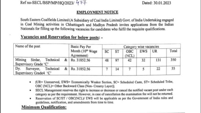 SECL Vacancy 2022 Ask to Apply South Eastern Coalfields Limited Recruitment for Mining Sirdar Bharti Form through asktoapply.in
