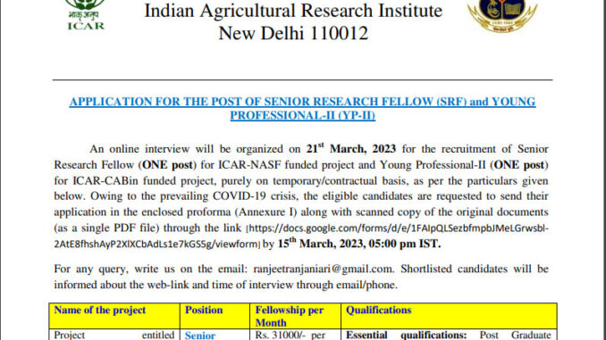 IARI Vacancy 2022 Ask to Apply Indian Agricultural Research Institute Recruitment for Senior Research Fellow Bharti Form through asktoapply.in