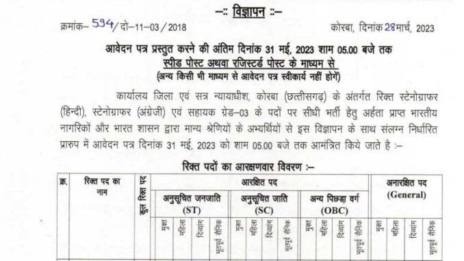 District and Session Court Korba Ask to Apply District Court Korba Recruitment 2023 Check here 32 Stenographer and Assistant Grade Vacancy