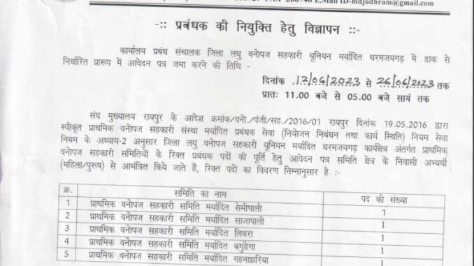 District Minor Forest Produce Co-Operative Federation Limited Dharamjaigarh Raigarh Ask to Apply CGMFPFED Dharamjaigarh Raigarh Recruitment