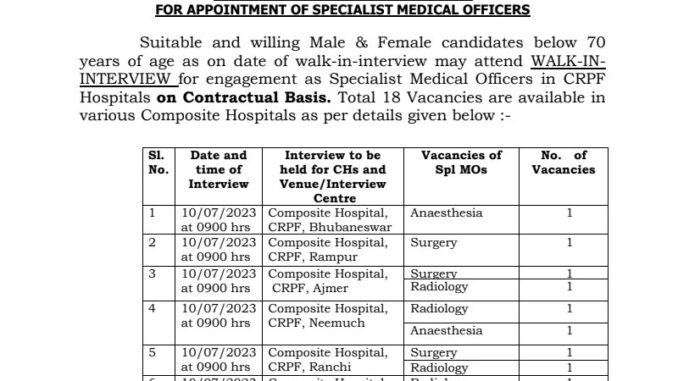 CRPF Vacancy 2022 Ask to Apply central reserve police force Recruitment for Specialist Medical Officer Bharti Form through asktoapply.in