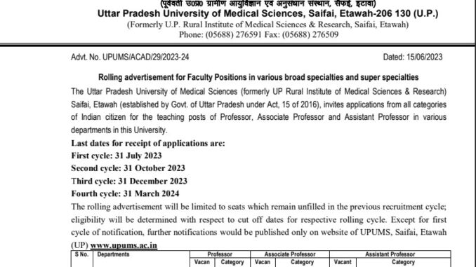 UPUMS Vacancy 2022 Ask to Apply Uttar Pradesh University of Medical Sciences Recruitment for Professor Bharti Form through asktoapply.in
